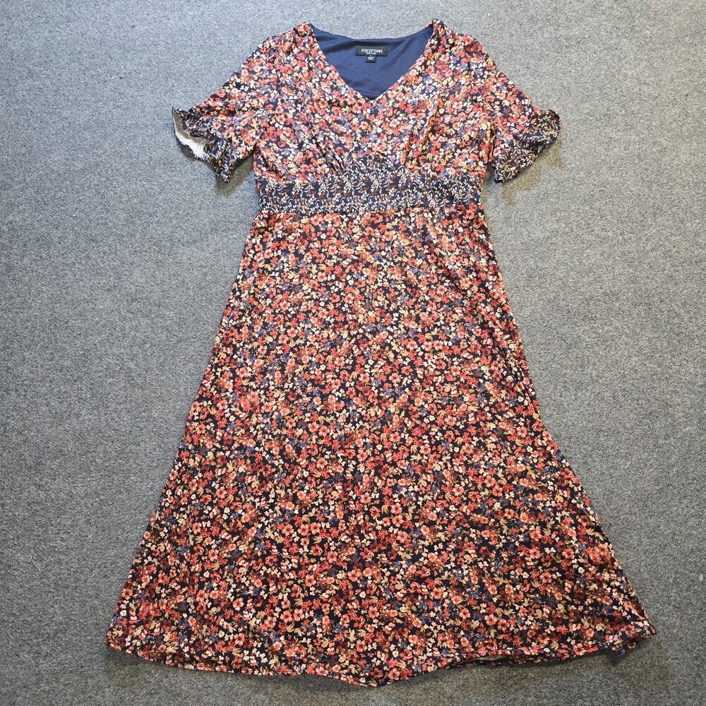 Perceptions New York Dress Womens Size Large Blue Orange Floral Midi Stretch